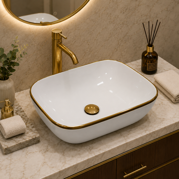 Bassino 18" White Ceramic Countertop Wash Basin with Gold Rim – Luxury Rectangular Vessel Sink (18" x 13" x 6")