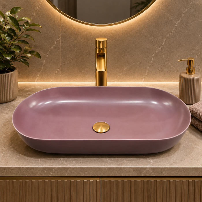 Bassino Oval Table Top Wash Basin | Premium Countertop Bathroom Sink | Matte Pink Basin 31 x 16 Inch