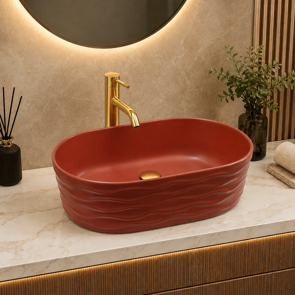 Bassino 20" Matte Red Wave-Textured Oval Ceramic Countertop Wash Basin – Designer Vessel Sink (20" x 12" x 6")