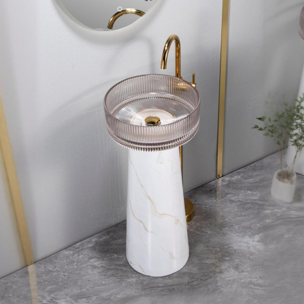 Glass Pedestal Wash Basin,size-16x16x34 Inch White Satvario