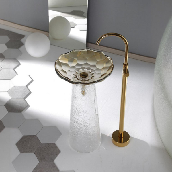 Glass Pedestal Wash Basin,size-16x16x34 Inch Gold