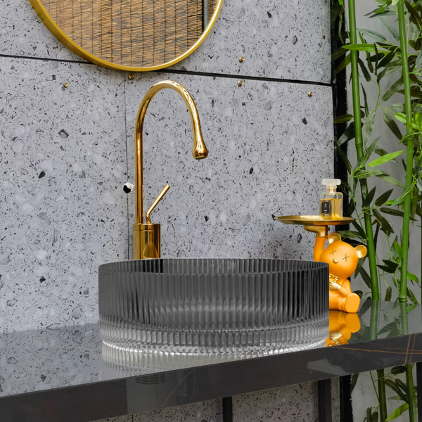 Bassino Modern Transparent Glass Wash Basin | Stylish Countertop Wash Basin for Bathroom–395x395x160 mm Black