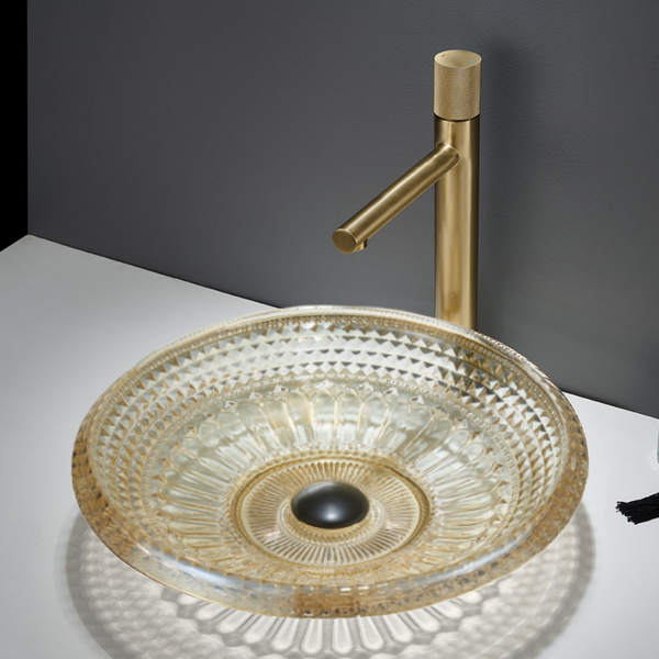 Bassino Modern Transparent Glass Wash Basin | Stylish Countertop Wash Basin for Bathroom–450x450x120 mm Gold