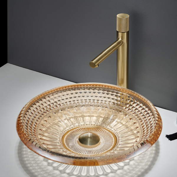 Bassino Modern Transparent Glass Wash Basin | Stylish Countertop Wash Basin for Bathroom–450x450x120 mm Rose gold