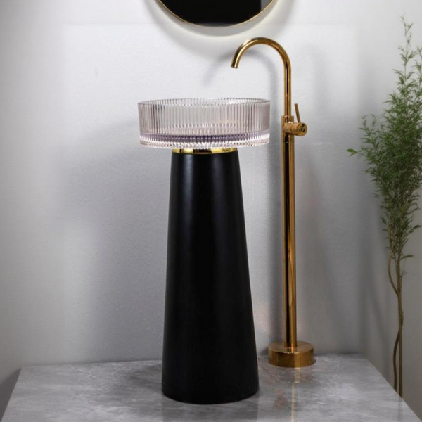Glass Pedestal Wash Basin,size-16x16x34 Inch Black