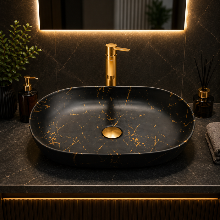 Bassino 24" Black Marble Finish Oval Ceramic Countertop Wash Basin – Luxury Vessel Sink (24" x 16" x 5")