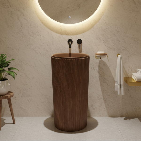Bassino Wooden Texture Pedestal Basin – Artificial Stone (18×18×36 inch)