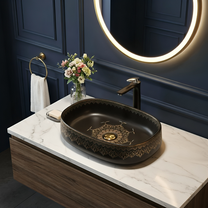 Designer Ceramic Wash Basin Moroccan design | 21 x 14 x 6 In | Black