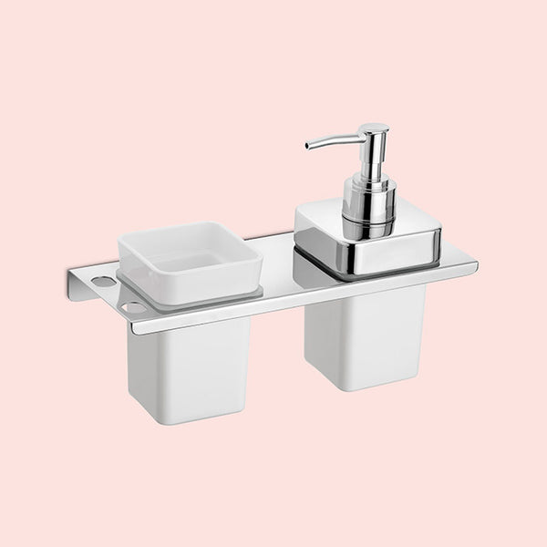 BASSINO Stylish Toothbrush Tumbler & Liquid Soap Dispenser For Bathroom/office/home-SS 304 & PTMT Material-CHROME FINISH