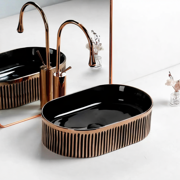 Premium Designer Table top Wash Basin (19x13x5.25 In) Black Rosegold