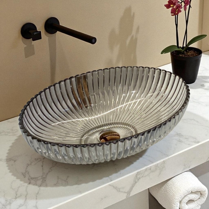 Bassino Modern Transparent Glass Wash Basin | Stylish Countertop Wash Basin for Bathroom–510x350x155 mm