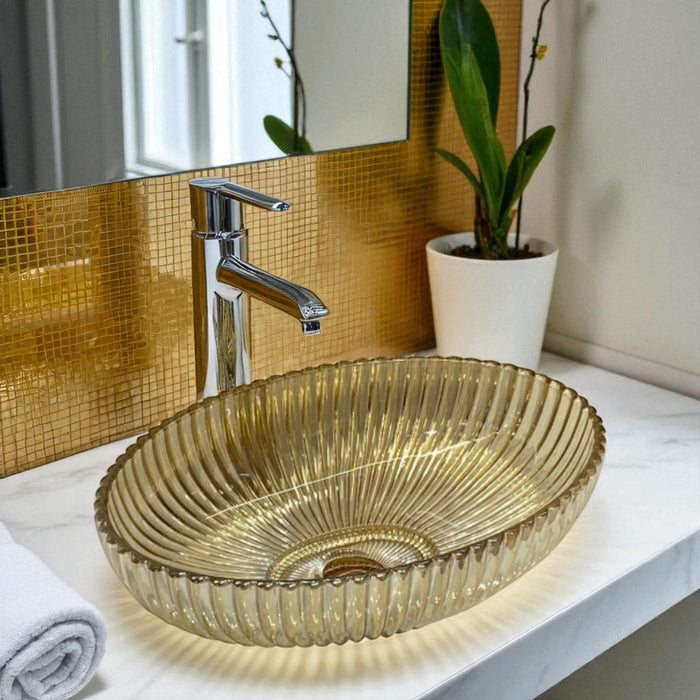 Bassino Modern Transparent Glass Wash Basin | Stylish Countertop Wash Basin for Bathroom–510x350x155 mm