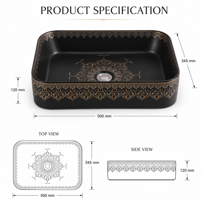 rectangle Black Moroccan Premium Designer Multi-Print Table Top Basin (20x14x5 In)