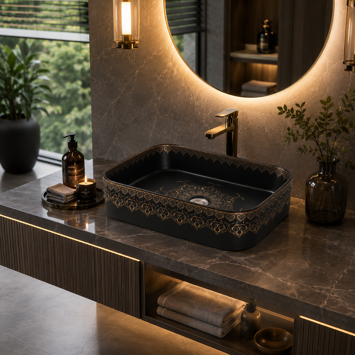 rectangle Black Moroccan Premium Designer Multi-Print Table Top Basin (20x14x5 In)