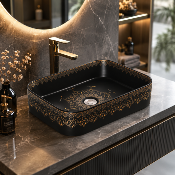 rectangle Black Moroccan Premium Designer Multi-Print Table Top Basin (20x14x5 In)