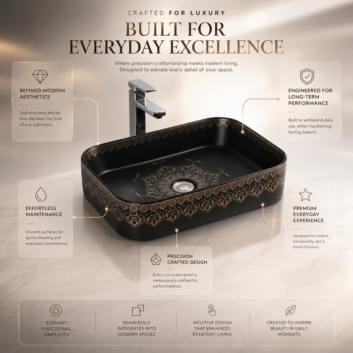 rectangle Black Moroccan Premium Designer Multi-Print Table Top Basin (20x14x5 In)