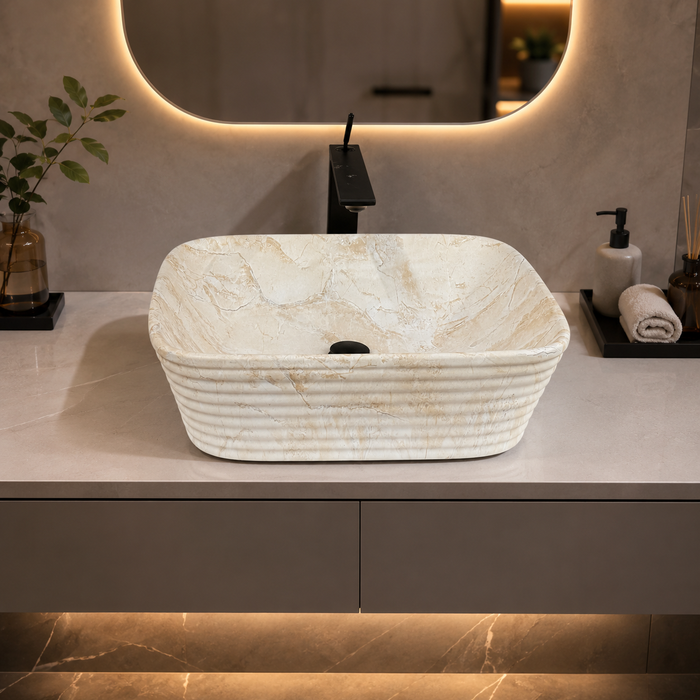 square Beige shade Modern Marble finish Countertop Wash Basin 