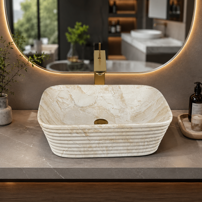 square Beige shade Modern Marble finish Countertop Wash Basin 