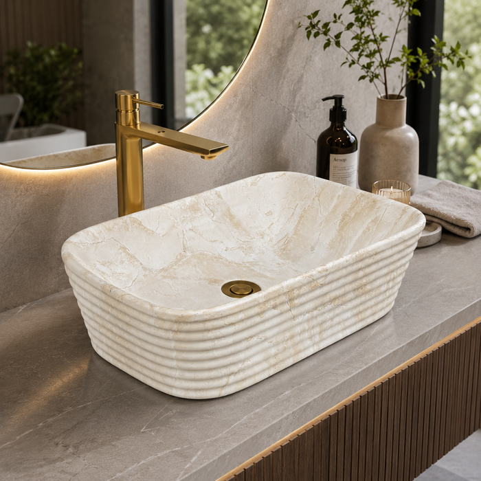 square Beige shade Modern Marble finish Countertop Wash Basin 