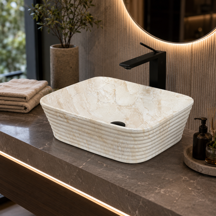 square Beige shade Modern Marble finish Countertop Wash Basin 