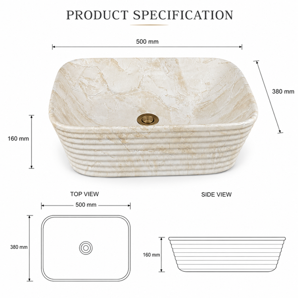 Modern Marble finish Countertop Wash Basin | (20" × 15"× 6" IN) Designer Bathroom Sink