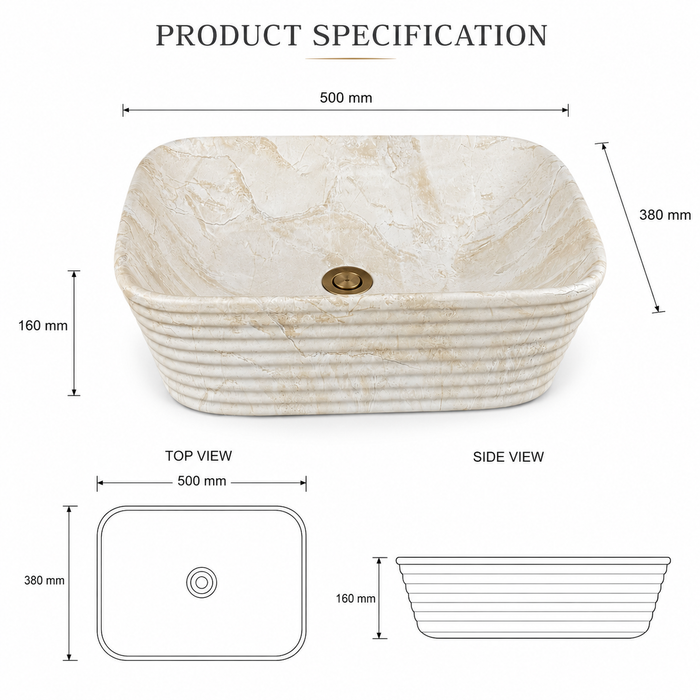 square Beige shade Modern Marble finish Countertop Wash Basin 