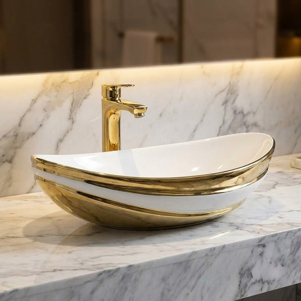 Luxury Gold Detailing Countertop Wash Basin | Designer Table Top Bathroom Basin (24" × 14" × 6" IN) White Gold
