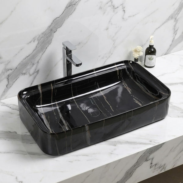 Luxury Glossy Marble Countertop Wash Basin | Designer Rectangular Table Top Basin | (30" × 16" × 6" IN) Black
