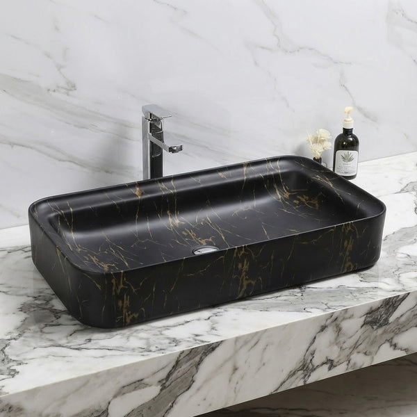Luxury Matt Marble Countertop Wash Basin | Designer Rectangular Table Top Basin |  (30" × 16" × 6" IN) Black