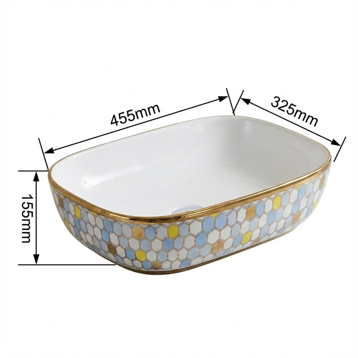 Gold tone with a patterned exterior Designer Countertop Wash Basin in Gold Finish | 18 × 13 × 5 Inch