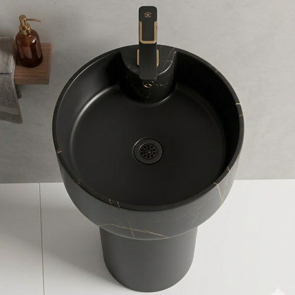 BASSINO Designer Pedestal Basin – 16″ x 17″ x 33″ In, Luxury Floor Standing Black Marble Finish Wash Basin