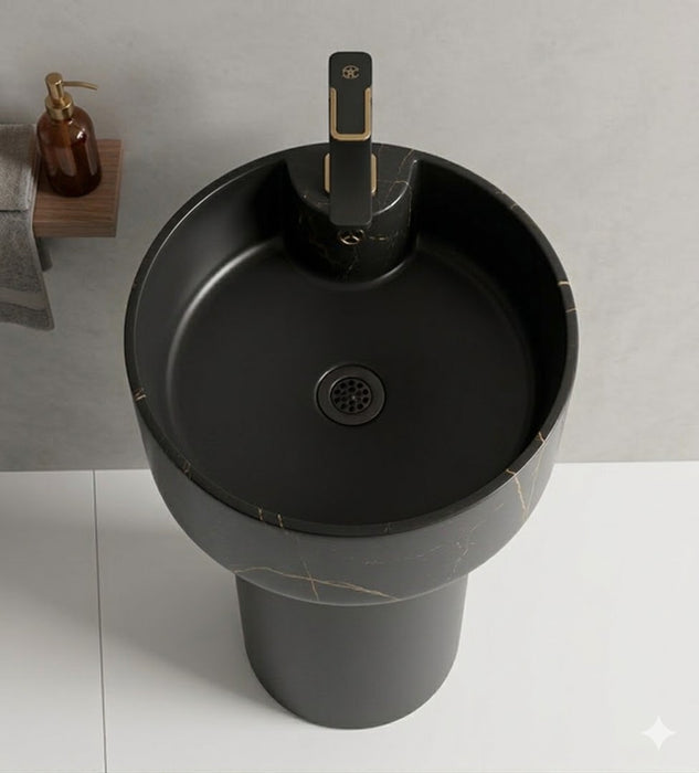 BASSINO Designer Pedestal Basin – 16″ x 17″ x 33″ In, Luxury Floor Standing Black Marble Finish Wash Basin