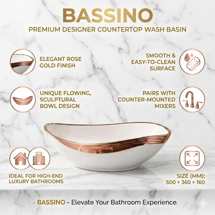 Bassino Luxury Counter Top Wash Basin in Gold & Rose Gold | Designer Table Top Basin | Approx. 20 × 14 × 6 Inches