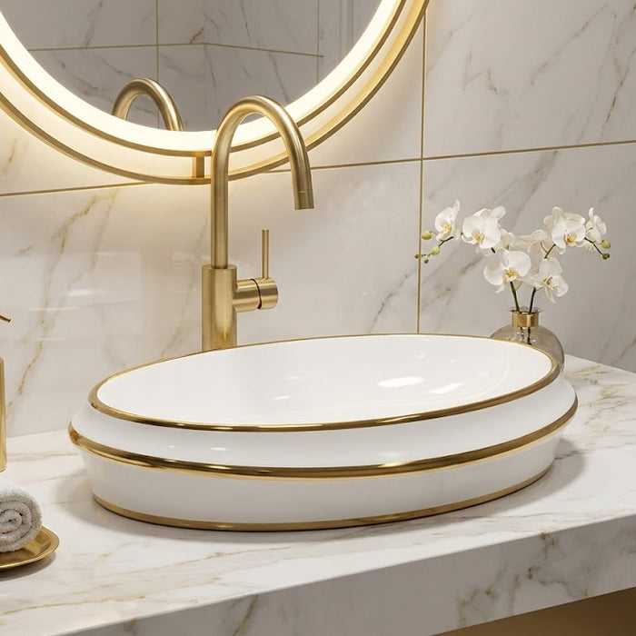 Bassino Luxury Round Counter Top Wash Basin with Gold Finish | Designer Table Top Basin | Approx. 23 × 16 × 6 Inches