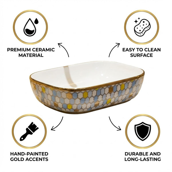 Gold tone with a patterned exterior Designer Countertop Wash Basin in Gold Finish | 18 × 13 × 5 Inch