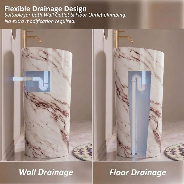 Bassino 15″ Round Ivory Marble-Effect Ceramic Pedestal Wash Basin – Glossy Finish (15″ × 15″ × 33″)