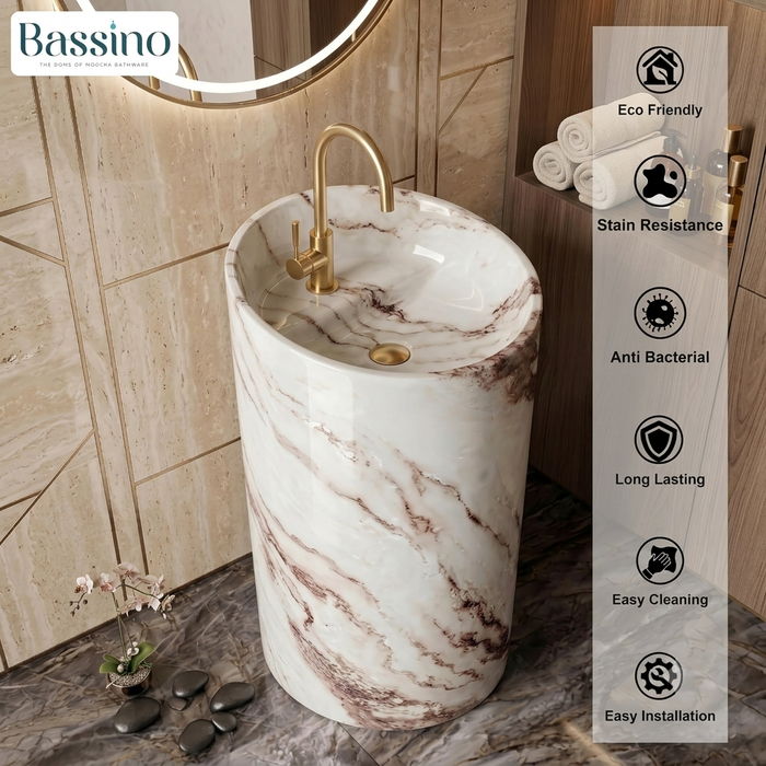 Bassino 15″ Round Ivory Marble-Effect Ceramic Pedestal Wash Basin – Glossy Finish (15″ × 15″ × 33″)