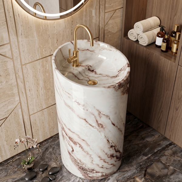 Bassino 15″ Round Ivory Marble-Effect Ceramic Pedestal Wash Basin – Glossy Finish (15″ × 15″ × 33″)