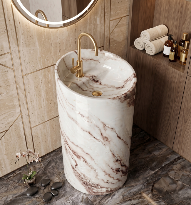 Bassino 15″ Round Ivory Marble-Effect Ceramic Pedestal Wash Basin – Glossy Finish (15″ × 15″ × 33″)