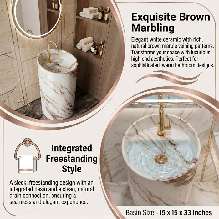 Bassino 15″ Round Ivory Marble-Effect Ceramic Pedestal Wash Basin – Glossy Finish (15″ × 15″ × 33″)