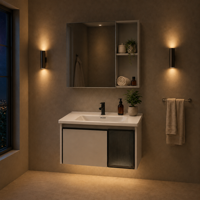 wall-mounted bathroom vanity set with an 810 mm ceramic basin, mirrored storage cabinet, open shelves and fluted-glass storage.