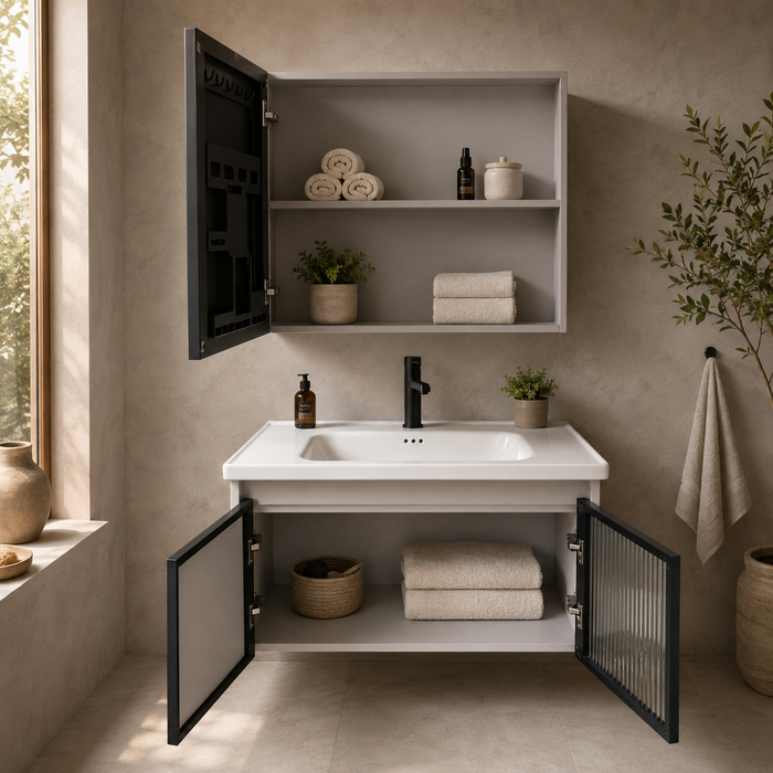 wall-mounted bathroom vanity set with an 810 mm ceramic basin, mirrored storage cabinet, open shelves and fluted-glass storage.