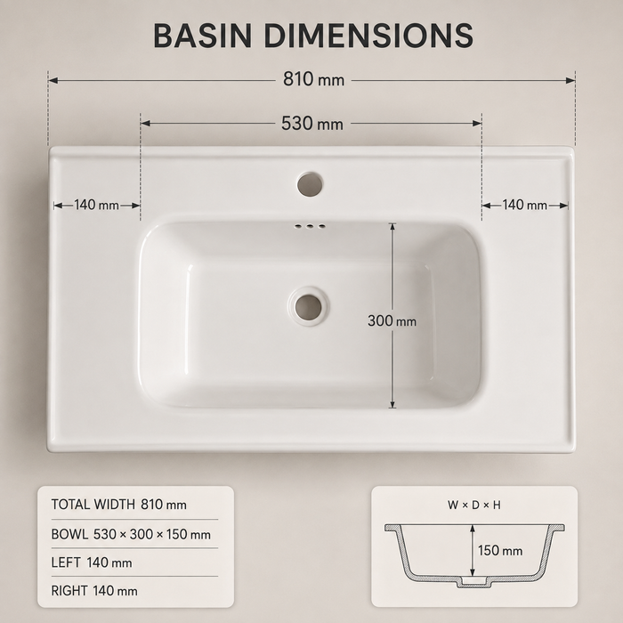 wall-mounted bathroom vanity set with an 810 mm ceramic basin, mirrored storage cabinet, open shelves and fluted-glass storage.