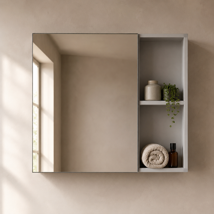 wall-mounted bathroom vanity set with an 810 mm ceramic basin, mirrored storage cabinet, open shelves and fluted-glass storage.