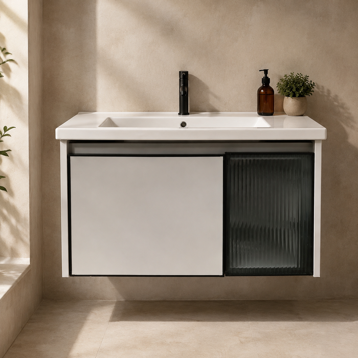 wall-mounted bathroom vanity set with an 810 mm ceramic basin, mirrored storage cabinet, open shelves and fluted-glass storage.