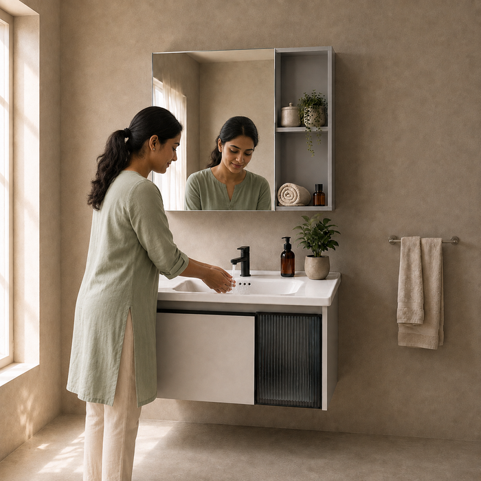 wall-mounted bathroom vanity set with an 810 mm ceramic basin, mirrored storage cabinet, open shelves and fluted-glass storage.