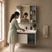 wall-mounted bathroom vanity set with an 810 mm ceramic basin, mirrored storage cabinet, open shelves and fluted-glass storage.