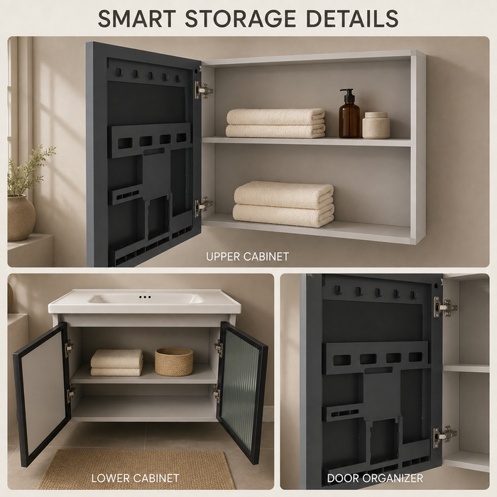 wall-mounted bathroom vanity set with an 810 mm ceramic basin, mirrored storage cabinet, open shelves and fluted-glass storage.