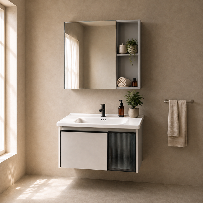 wall-mounted bathroom vanity set with an 810 mm ceramic basin, mirrored storage cabinet, open shelves and fluted-glass storage.