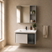 wall-mounted bathroom vanity set with an 810 mm ceramic basin, mirrored storage cabinet, open shelves and fluted-glass storage.